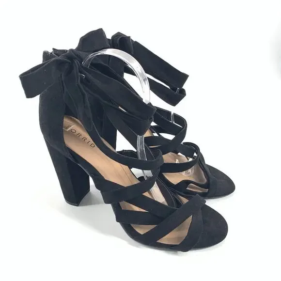 Torrid Ankle Wrap Faux Suede Block High Heels 9.5 W Wide Womens Black Open Toe - Picture 1 of 8